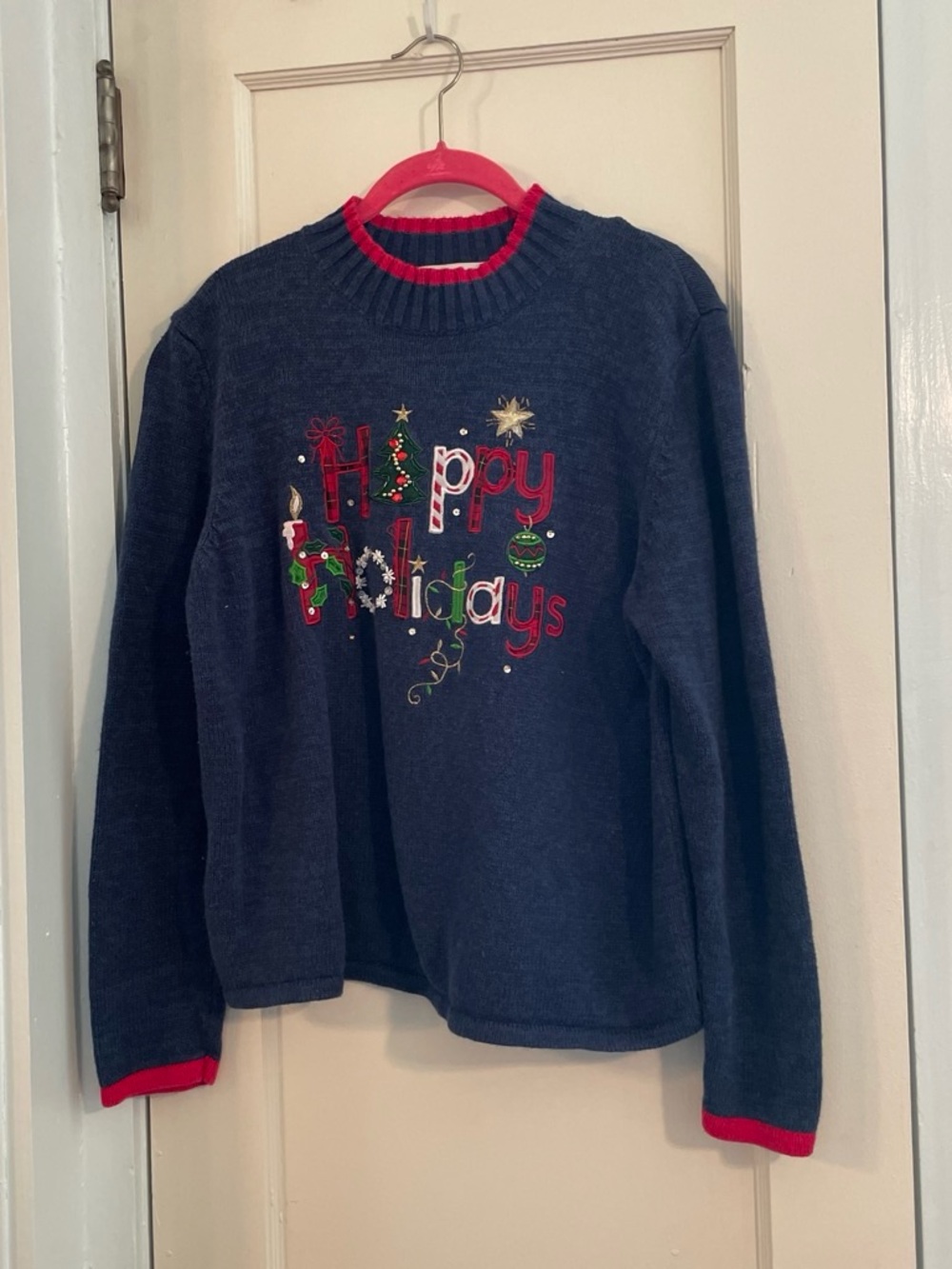 Women's Navy 'Happy Holidays' Festive Embroidered Sweater with Red Trim